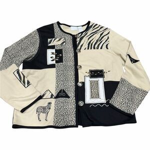 🦓 Vintage Koret K-Wear Animal Print Patchwork Cardigan Sweater 🐆 Tan & Black |